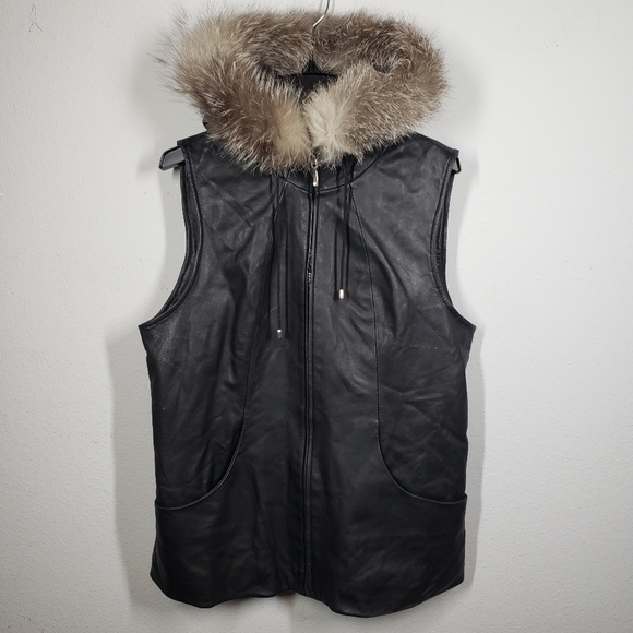 Damselle New York Leather Vest Black Faux Fur Trim Hooded Sleeveless Size Small - Picture 1 of 12